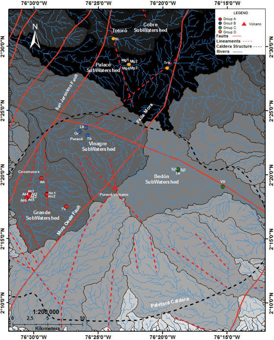Subwatershed delimitation at the PVS
with sample locations and geological structures.