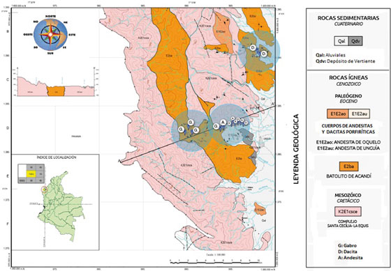 Distribución del Batolito de Acandí para el mapa 79BIS con área muestreada en los
círculos (modificado del mapa geológico de Rodríguez et al., 2010).