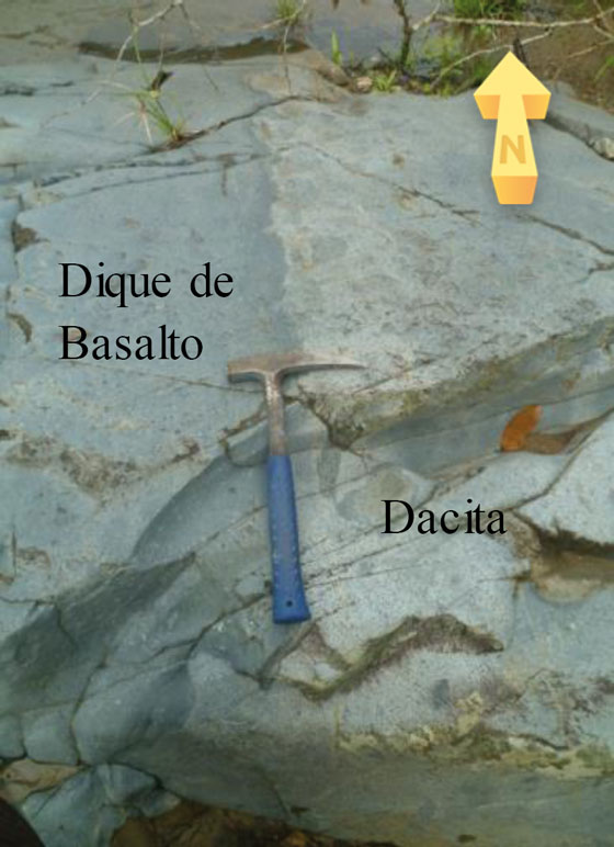 Contacto Dacita – Basalto. Se observan xenolitos gabroides cerca al
contacto de la intrusión.