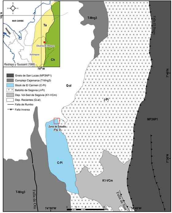 Mapa geológico regional de la zona de
estudio. Terreno Chibcha (Ch), terreno Tahamí (Ta) y terreno Caribe (Ca) de
acuerdo a Restrepo y Toussaint (1988)