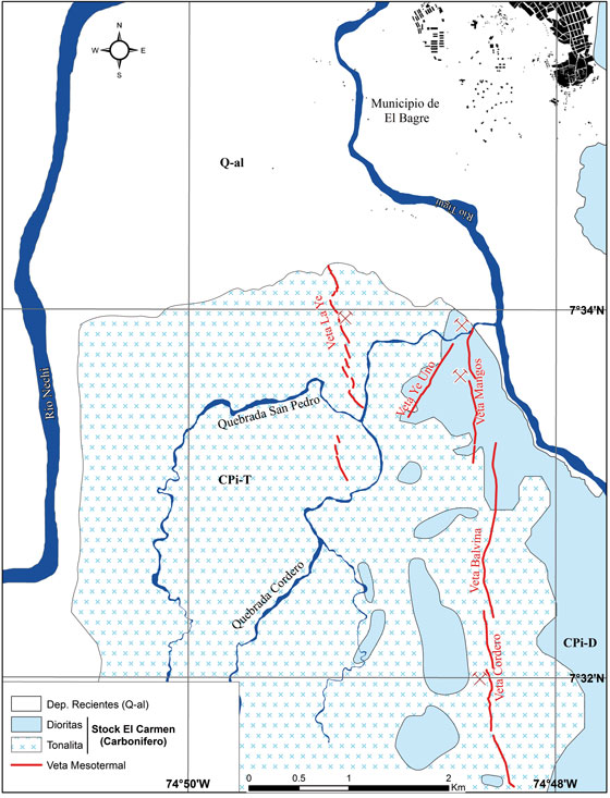 Mapa geológico local de la zona de
estudio. Terreno Chibcha (Ch), terreno Tahamí (Ta) y terreno Caribe (Ca) de
acuerdo a Restrepo y Toussaint (1988)