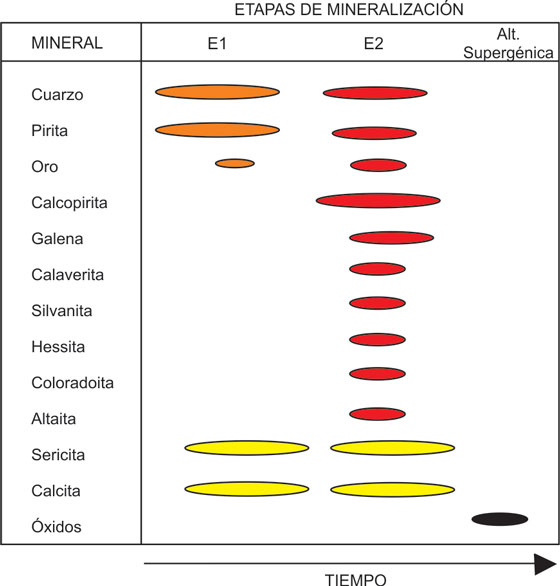 Secuencia paragenética de la mina Los
Mangos con las etapas principales de mineralización. Espesor y continuidad de
las líneas relativo a la abundancia durante cada evento de deformación.