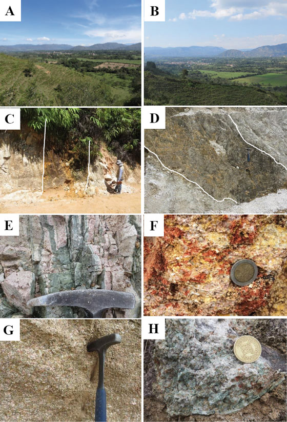 Aspecto general de las litologías ígneas máficas (diques de diabasas con diferente grado de meteorización;
C y D), considerados de edad Jurásica (?) y; rocas félsicas
(diques riolíticos porfiríticos
afectados por alteración hidrotermal fílica-E-
y alteración argílica supérgena-F-G;
rocas plutónicas graníticas-G-, localmente también afectadas por alteración
hidrotermal hipogena-H), consideradas de edad
Triásico Tardío-Jurásico Temprano. Las FIGURAS A y B muestran el
aspecto general del área ocupada por el abanico de Mogotes, considerado de edad
Cuaternaria.