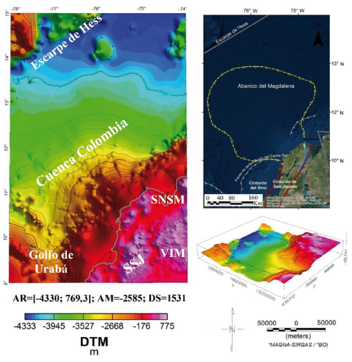 MODELO DIGITAL
DEL TERRENO. SSJ: SERRANÍA DE SAN JACINTO; SNSM: SIERRA NEVADA DE SANTA MARTA;
VIM: VALLE INFERIOR DEL MAGDALENA. AR: RANGO DE AMPLITUD; AM: AMPLITUD
PROMEDIO; DS: DESVIACIÓN ESTÁNDAR.