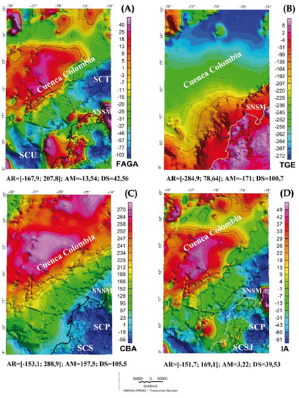 ANOMALÍAS
GRAVIMÉTRICAS. IA: CORRESPONDE A LA ANOMALÍA ISOSTÁTICA MODELADA DE ACUERDO AL
MODELO ISOSTÁTICO DE AIRY CON UNA CORTEZA DE 30 km Y UNA DENSIDAD DE CONTRASTE
DE 350 kg/m3. AR: RANGO DE AMPLITUD; AM:
AMPLITUD PROMEDIO; DS: DESVIACIÓN ESTÁNDAR; SNSM: SIERRA
NEVADA DE SANTA MARTA; SCU: SUBCUENCA URABÁ; SCT: SUBCUENCA TAYRONA; SCP: SUBCUENCA PLATO;
SCSJ: SUBCUENCA SAN JORGE.