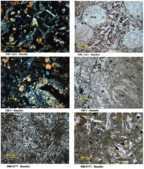 CARACTERÍSTICAS COMPOSICIONALES Y
TEXTURALES DE LAS ROCAS DE LA UNIDAD BASALTOS DE SAN PABLO: A. Y B. TEXTURA
INTERGRANULAR AMIGDULAR (PPL, XPL, 10x), C. Y D. TEXTURA
SUBOFÍTICA CON MICRO FALLAS (PPL, XPL, 10x) E. TEXTURA VARIOLÍTICA (PPL,
10x). F. TEXTURA INTERSECTAL CON ANFÍBOL URALÍTICO A PARTIR DE PIROXENO.
SÍMBOLOS:
PL:
PLAGIOCLASA, Cpx: PIROXENO, ANF: ANFÍBOL Y AMG:
AMÍGDULA.