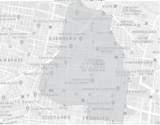 Superficie aproximada de Mexico-Tenochtitlan en 1.519, superpuesta en las calles de la actual Ciudad de México. Google Maps.