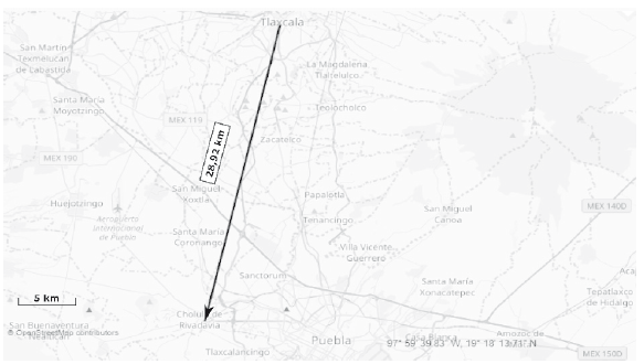 Distancia entre Tlaxcala y Cholula -28,92 km-, según Mapa digital de México. Instituto Nacional de Estadística y Geografía (INEGI).