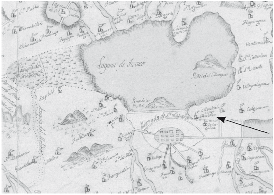 Fragmento de una copia del Plano de D. Carlos de Sigüenza y Góngora en el que aparece Mixiuca (sic) -la hemos señalado con una flecha- como parte separada de la isla de Tenochtitlan.