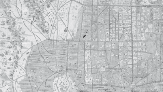 Fragmento de una copia del Mapa de Upsala. Se ha señalado con una flecha el lugar en que se hallaba la cruz, en la calzada de Itztapallapan.
