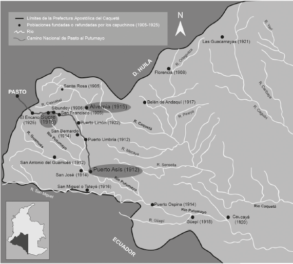 “Camino Nacional de Pasto al Putumayo” y mapa de pueblos fundados o refundados por los misioneros en la Prefectura Apostólica del Caquetá.