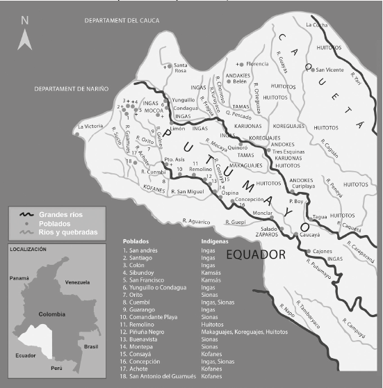 Poblados y presencia indígena en el occidente del Caquetá y el Putumayo. “Mapa étnic del Caquetá-Putumayo-Amazones”.