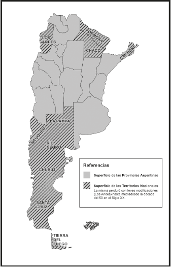 Mapa de la República Argentina durante la primera década del siglo XX. Superficies de las primeras provincias constituidas y de los Territorios Nacionales.