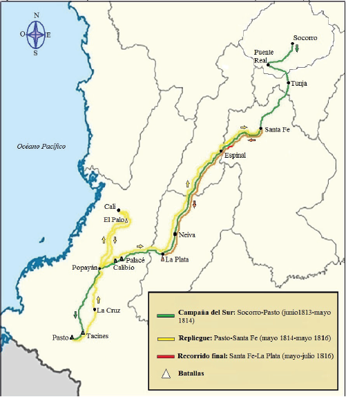 Ruta recorrida por el batallón Socorro en la Nueva Granada entre junio de 1813 y julio de 1816