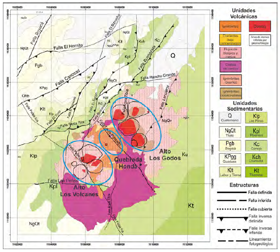 Mapa geológico del área geotérmica de Paipa que cubre el cuadrado rojo de la Figura 1. Editado de Velandia (2003), Cepeda y Pardo (2004) y Rueda-Gutiérrez (2017).