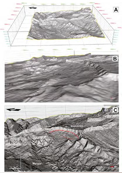 Esquemas topográficos del deslizamiento de Guando a partir de modelos digitales de imágenes satelitales SRTM con una definición de 12,5 m de pixel. A. Vista 3D hacia el Este. B. Vista rasante hacia el Norte. C. Vista más cercana hacia el Este con indicación del sector ocupado por el deslizamiento.