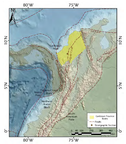The North Andean Block with the Caribbean Province Basins (SJFB and LMVB), regional faults and the stratigraphic section location (modified after Cediel et al., 2003; Cortés and Angelier, 2005; Villagómez and Spikings, 2013; Caballero et al., 2016).