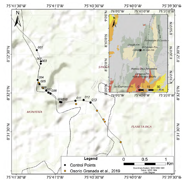 Data and samples collection control points for the stratigraphic section, geologic province of the Sinú-San Jacinto Basin and Lower Magdalena Valley Basin.