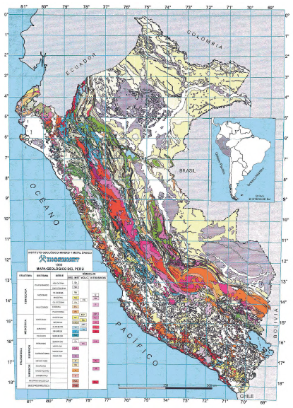 Mapa de ubicación del área de estudio/mapa geológico del Perú (modificado de INGEMMET, 1999).
