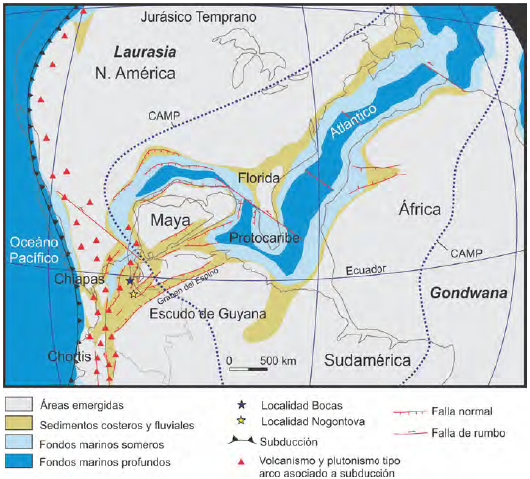 Reconstrucción paleogeográfica para el Jurásico Temprano donde se sugiere la ubicación de las localidades estudiadas. Modificado de Scotese y Schettino (2017) y Scotese (2017).