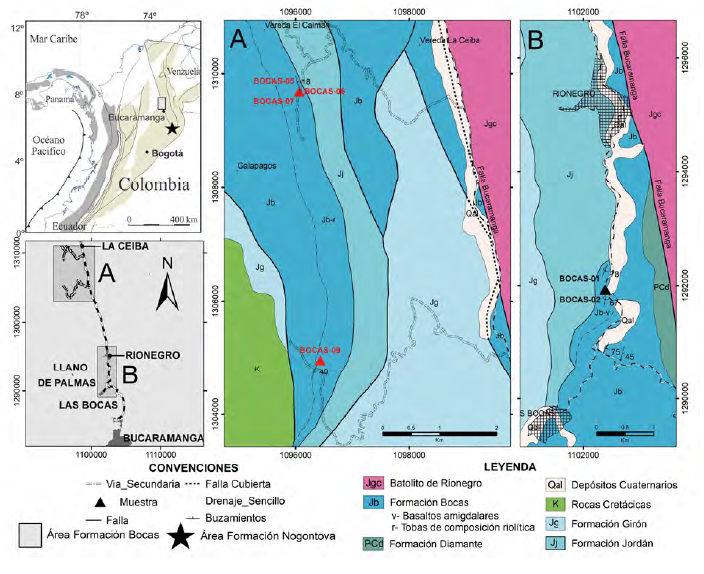 Mapa geológico de la sección tipo y ubicación geográfica de las rocas volcánicas de la Formación Bocas en el departamento de Santander (modificado de Ward et al., 1977), código de colores tomado de Pellé (2012).
