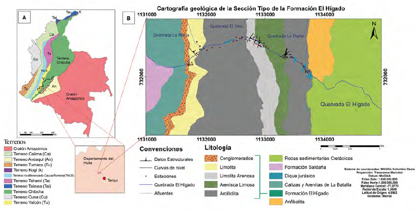 A. Distribución de terrenos tectónicos en Colombia según Restrepo y Toussaint (2020). B. Mapa geológico de los 8 km2 que comprenden el trayecto de la Quebrada El Hígado donde aflora la sección trabajada.