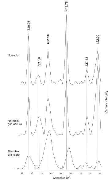 Espectrogramas Raman de rutilos-(Nb,Ta) de Cachicamo donde variaciones de tono y color en el mismo cristal de la muestra Col-17-C-I se reflejan en picos distintos.