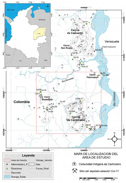 Mapa de localización del Departamento del Vichada y del área de estudio. Modificado de la Plancha geológica 201Bis del Servicio Geológico Colombiano (2013). El rectángulo rojo corresponde al área de estudio mostrada en la Figura 2.