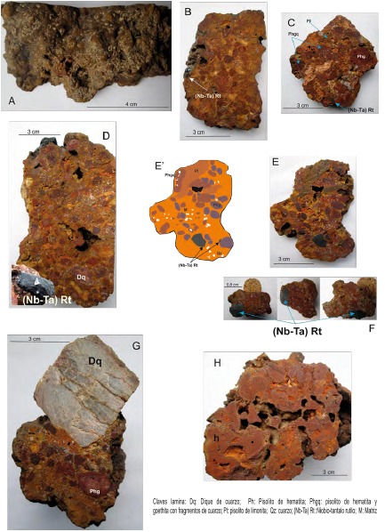 Rutilos-(Nb,Ta) en corazas ferruginosas asociadas a depósitos coluviales sobre rocas del Granito de Parguaza en el piedemonte de los Cerros de Cachicamo, estación Col-17.