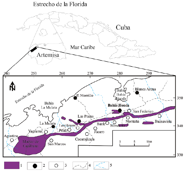 Mapa de ubicación geográfica y de yacimientos del distrito metalogénico Bahía Honda. Escala grafica en km. 1. Complejo ofiolítico. 2. Poblados. 3. Yacimientos y prospectos. 4. Carreteras. 5. Ríos principales.