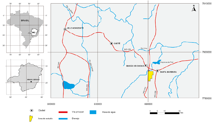 Mapa de localización del área de estudio con resalte en polígono amarillo con las principales vías de acceso y drenajes. En la izquierda el mapa de Brasil con destaque del estado de Minas Gerais. En la derecha destaque de la ciudad de Belo Horizonte (capital del estado) y los municipios de Caeté y Barão de Cocais.