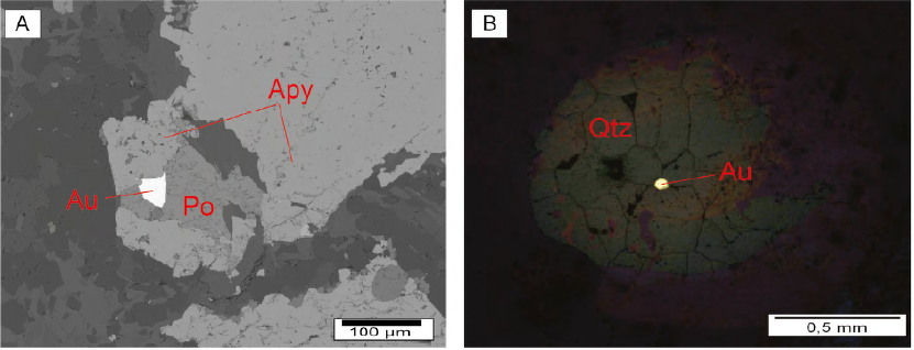 Fotomicrografía de láminas delgadas pulidas del BIF y venas de cuarzo: A. Oro (Au) asociado a la arsenopirita (Apy) y pirrotita (Po) (microsonda electrónica) (muestra PL4A). B. Oro libre en venas de cuarzo (luz reflejada) (muestra PL14D).
