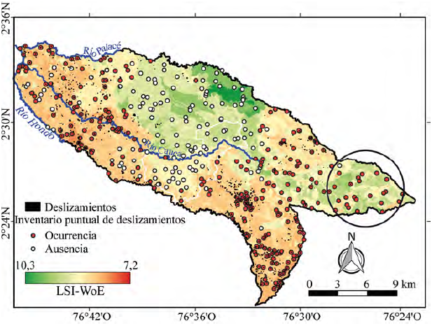 Mapa de susceptibilidad por movimientos en masa elaborado con el método WoE, según la metodología del Servicio Geológico Colombiano. El círculo continuo indica la zona con mayor diferencia con respecto a la Propuesta 2.