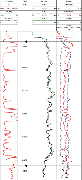 Registros típicos de la unidad San Fernando en el Pozo Y, con su tope y base marcados en la columna de profundidad. Por encima del tope se observa una porción anómala en los registros de porosidad (PHIN), densidad (RHOB) y PEF. Esta porción de los registros se omite más adelante para no ingresar valores inválidos en el set de entrenamiento.