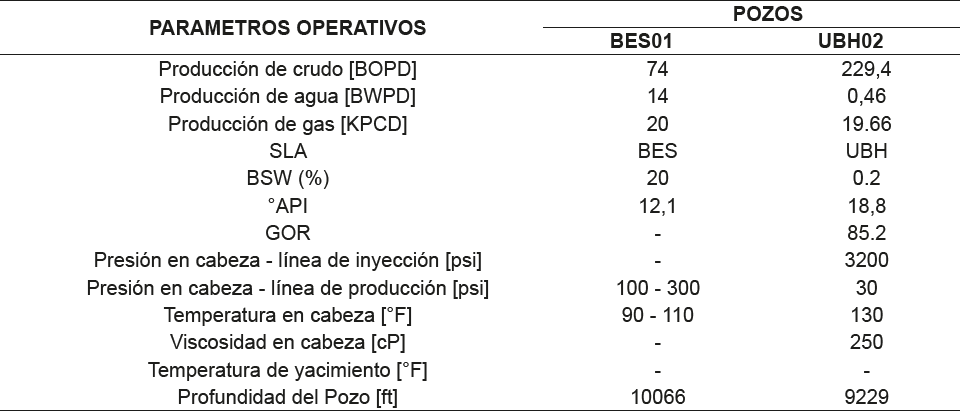 Parámetros operativos de los pozos evaluados.