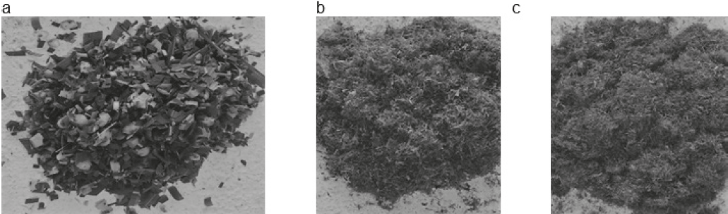 Foto del aspecto del pasto maralfalfa crudo picado (a), del bagazo generado por la extrusión con salida de 3 (b) y 1 mm (c).