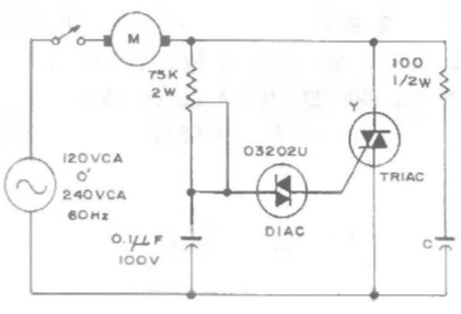 Dibujo de un circuito electrónico R-L-C de control de potencia del motor de inducción a-sincrónico. Fuente: Harper, G. en su libro El ABC de las máquinas eléctricas III. Instalación y control de motores de corriente alterna.