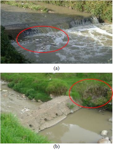 (a) Vórtices y (b) socavación en taludes localizados aguas abajo de los vertederos de caída libre.