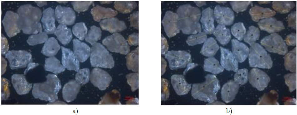 (a) Imagen tomada del microscopio óptico. (b) Imagen analizada con ImageJ. Área promedio de partículas= 0,24 (m2), Perímetro promedio= 0,24 (m), Diámetro promedio 0,57 (mm).