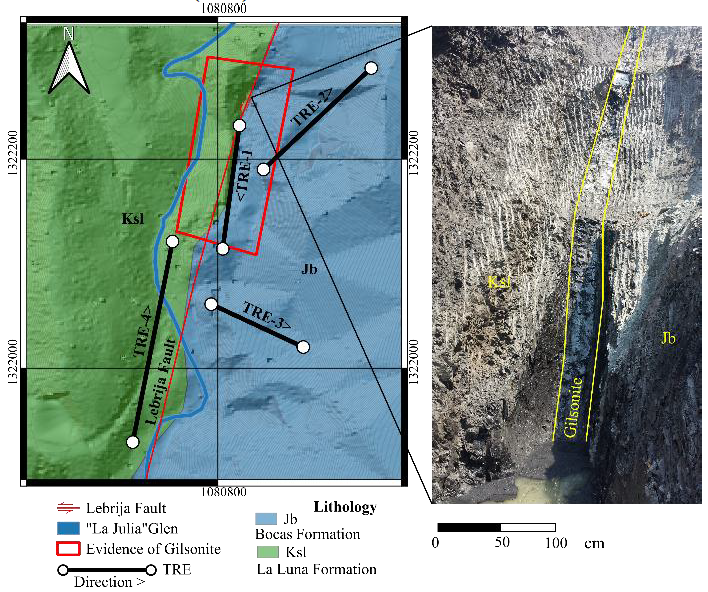 Left) Geological map and polygon with confirmed occurrence of gilsonite and TRE localization. (Right) Gilsonite dike in vertical tabular form at the geological contact Ksl-Jb.