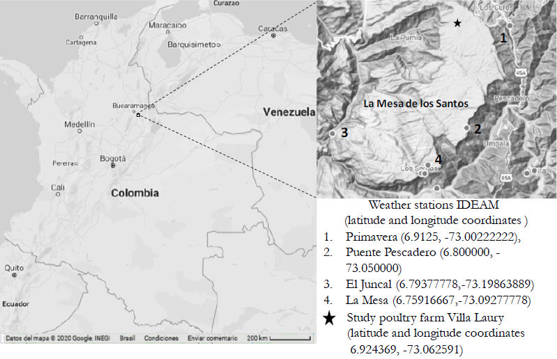 Location map of La Mesa de Los Santos region, shows the weather stations and the poultry farm considered in this study.