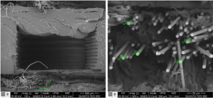 Micrografías de parte impresa en 3d: (a) sección transversal, (b) acercamiento, se observa desprendimiento de fibras.