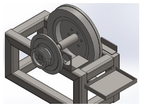 Modelo CAD del ensamble del eje con volantes instalado en la estructura portante del banco.
