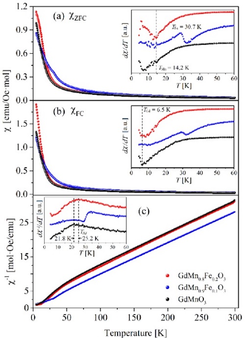 Magnetic behavior of the GdMn1-xFexO3 compounds in the temperature range from 4 K to 300 K. (a) ZFC susceptibility as a function of temperature. (b) FC susceptibility as a function of temperature. (c) Inverse of susceptibility as a function of temperature. The derivative with respect to the temperature is shown on the insets of each figure, in these curves is observed the temperatures of the different magnetic ordering.