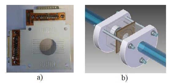 WMS - Configuración de cables 8 x 8: (a) sensor con cables para montar en las configuraciones experimentales y (b) sensor instalado en la sección de visualización, [10].