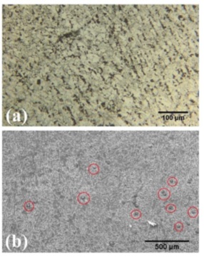 Zone 1 of steel produced by AM. (a) Optical microscopy image, (b) Scanning electron microscopy image with secondary electrons