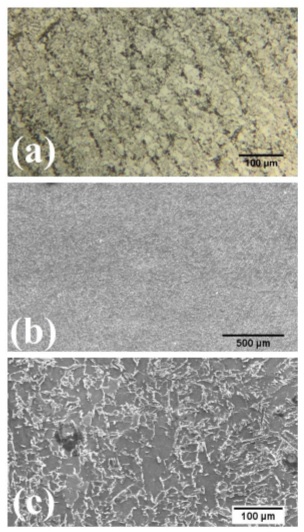 Zone 2 of steel produced by AM. (a) Optical microscopy image, (b) Scanning electron microscopy image with secondary electrons, (c) Amplification of the area