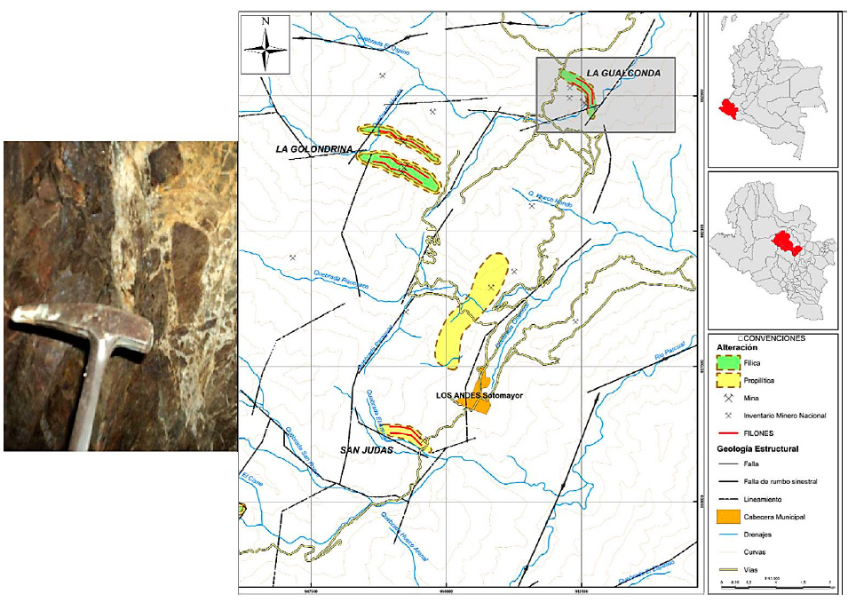 Gualconda mine location (right) and tectonic breccia of the main structure with quartz filling (left)