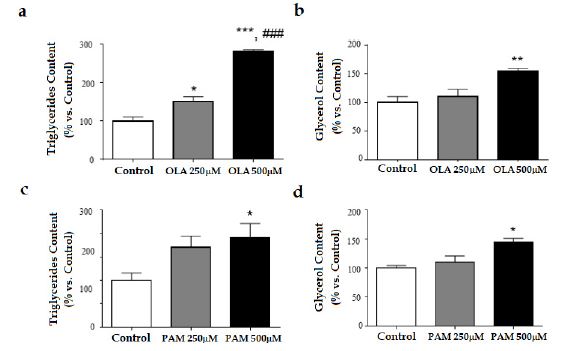 Fatty acids mobilisation Intracellular triglyceride content lipogenesis and glycerol release Lipolysis graphs after OLA a b respectively and PAM c d respectively treatment Data are presented as % cell viability vs control 100% Bar graphs represent control cells white 250 μM grey and 500 μM black OLA or PAM concentrations Values are the mean ± SEM Differences between groups were analysed by oneway ANOVA followed by Scheffe test *P  005 **P  001 and ***P  0001 vs Control ###p  0001 vs 250 μM OLA concentration